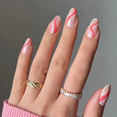 Vatocu Faux ongles ovales ondulés courts en acrylique brillant à presser sur les ongles pour femmes et filles (24 pièces)