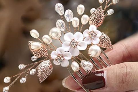 Edary Peignes à cheveux avec fleurs, perles et cristaux pour femme, fille et mariée Doré rose