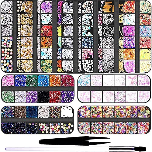 Kit Nail Art, Layhou Strass Nail Art Feuilles Nail Art Paillettes Ongle Nail Art Perle Nail Art Décorations d'Ongles 3D Brillant Paillettes Nail Art avec Pince à Épiler