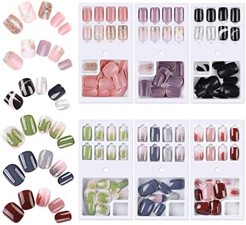 Faux Ongles Court,162 Pcs Nail Ongles Couverture Complète Paillette Brillant en ABS avec Colle de gelée, Transfert Pochoir Décoration DIY Accessoire de Manucure pour Femme Fille