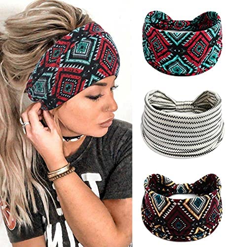 Yean Bandeaux Plaid Head Wraps Blanc Élastique Yoga Cheveux Bandes Foulards Vintage pour Femmes et Filles (Pack de 3)