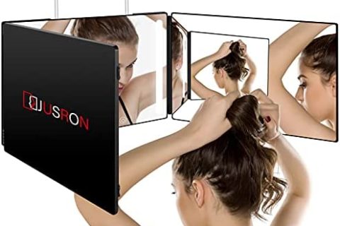 JUSRON Miroir Maquillage Lumineux, Self Cut Mirror - Miroir 360° Coiffure Homme, Miroir de Maquillage LED, Miroir 3 Faces Barbier Supports Hauteur Réglable, pour Maquillage, Coiffure, Rasage et Coupe