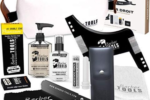 Kit de rasage - Rasoir droit + 40 doubles lames + Peigne guide pour rasage + Gel de rasage transparent 60ml + Baume après rasage 30ml + Pierre d'alun + Serviette de rasage + Grand sac ✮BARBER TOOLS✮