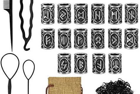 DECARETA 24 pcs Perles de Barbe Cheveux Viking avec Élastiques Noirs et Outils pour Cheveux Rune Viking Barbe Bijou en Alliage Perles de Rune Viking pour Coiffure Tresse Bracelet