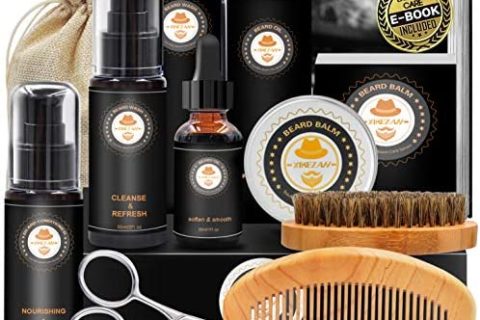 Kit de Barbe Homme Complet Coffret Barbe avec Conditionneur de Barbe Shampoing Barbe,Huile Barbe,Barbe Peigne,Brosse a Barbe,Baume à Barbe,Ciseaux,Sac,Livre électronique,Soin Barbe Cadeaux Pour Homme